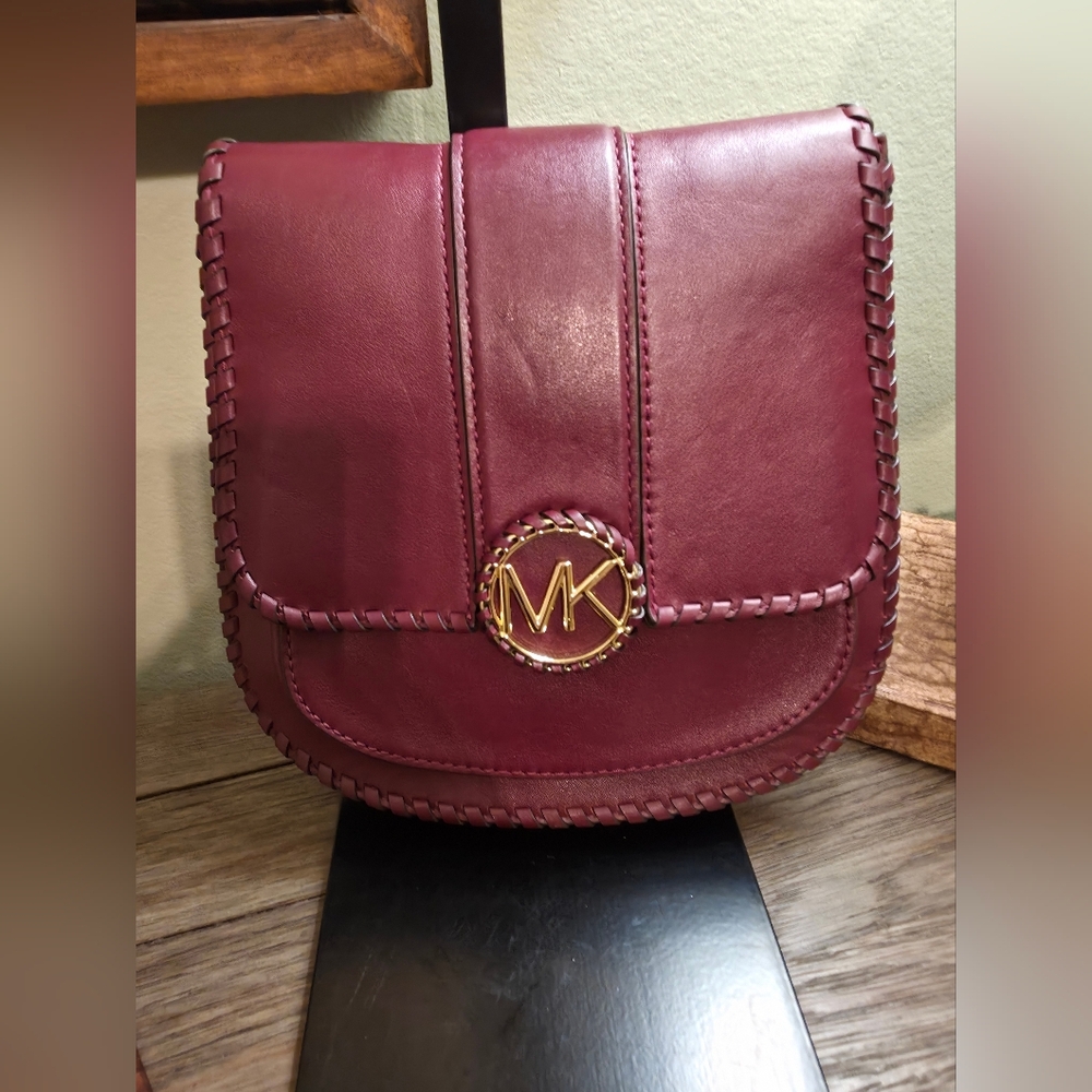 Michael Kors Wine Leather Crossbody with Gold MK Emblem